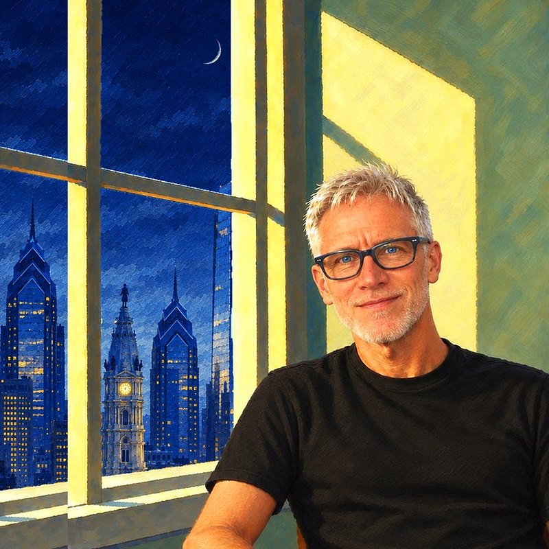Portrait of James Mulhern in the manner of Edward Hopper, seated by a tall window that looks out on the Philadelphia skyline at night, with the lit clock of City Hall and a thin crescent moon