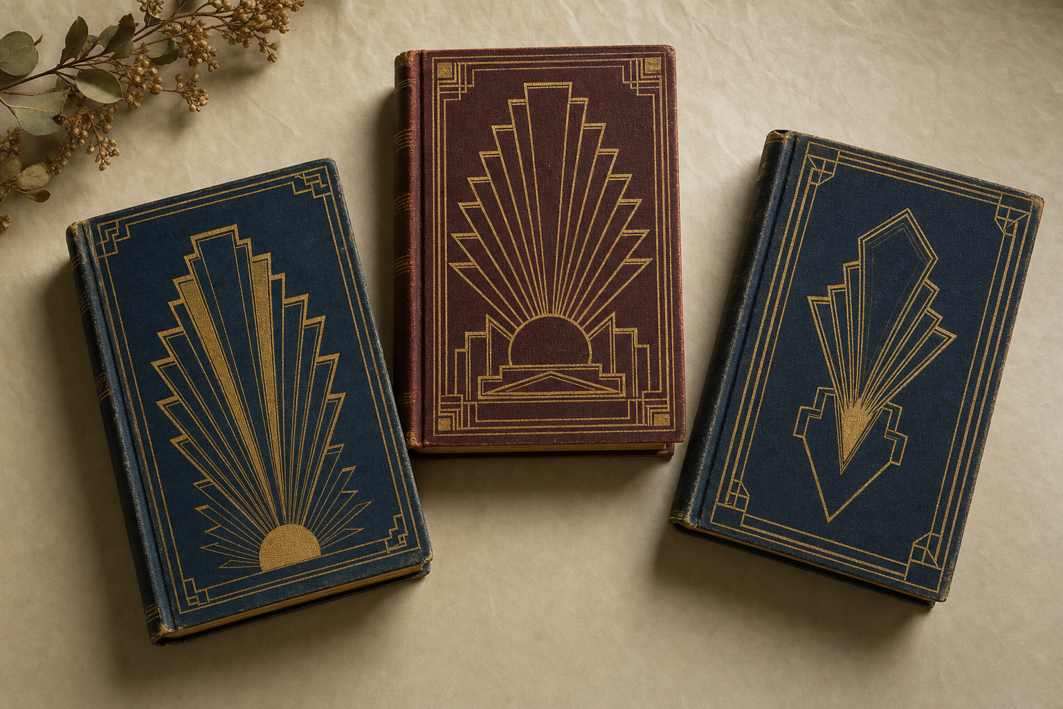 Three vintage Art Deco hardcover books arranged on cream paper, with gold geometric foil stamping on the covers