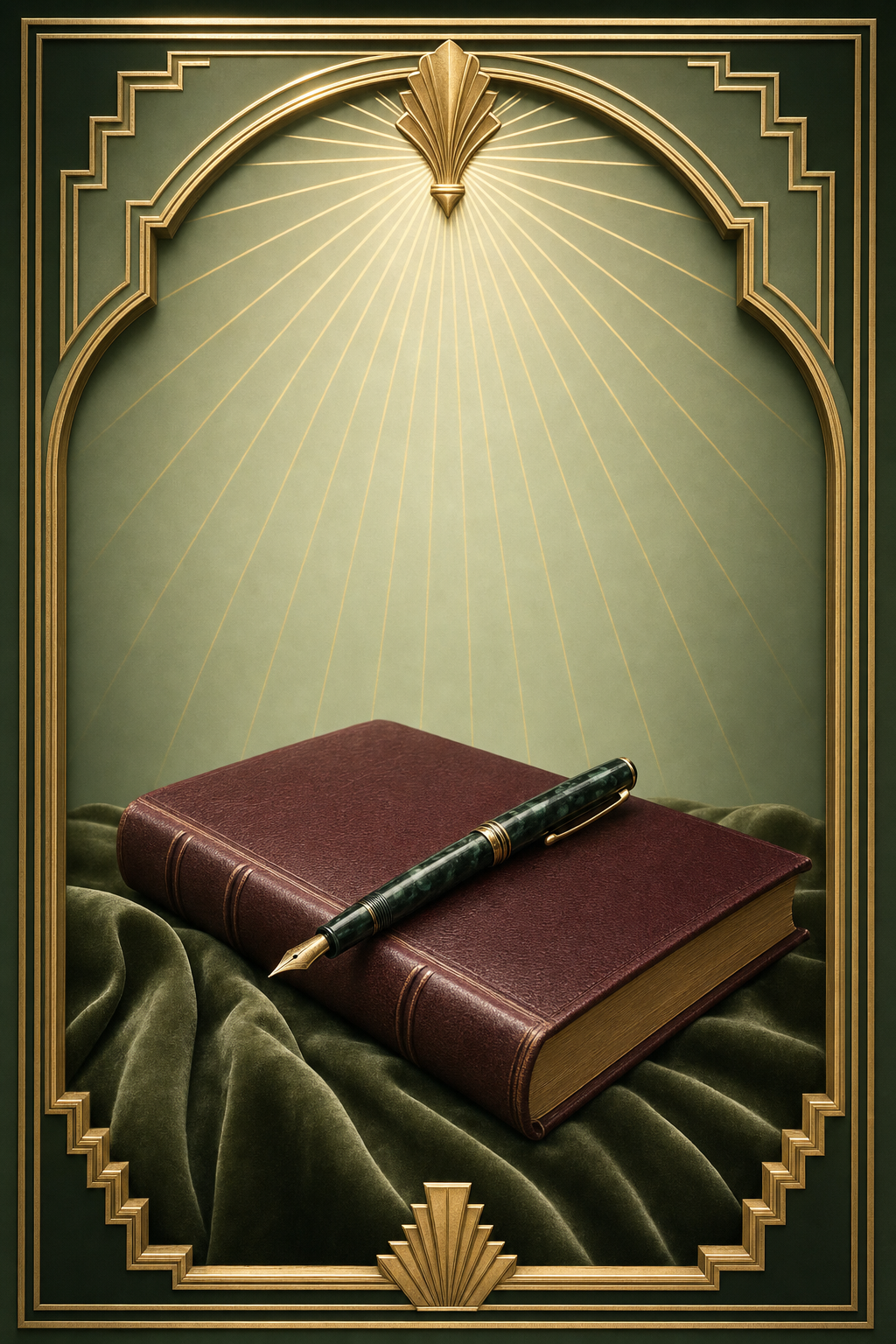 Editorial Art Deco still life: a deep maroon leather-bound book with a dark green marbled fountain pen resting across it, framed by an ornate gold Art Deco arched panel with stepped corners, gilded sunburst rays, and a fan finial, on a hunter-green background