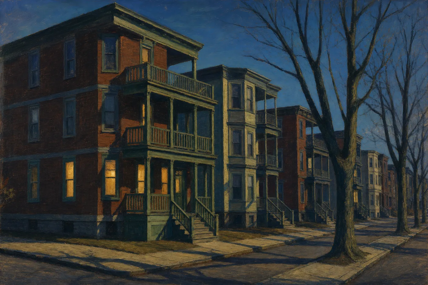 Painting in the style of Edward Hopper of Boston triple-decker houses on a quiet tree-lined street at dusk
