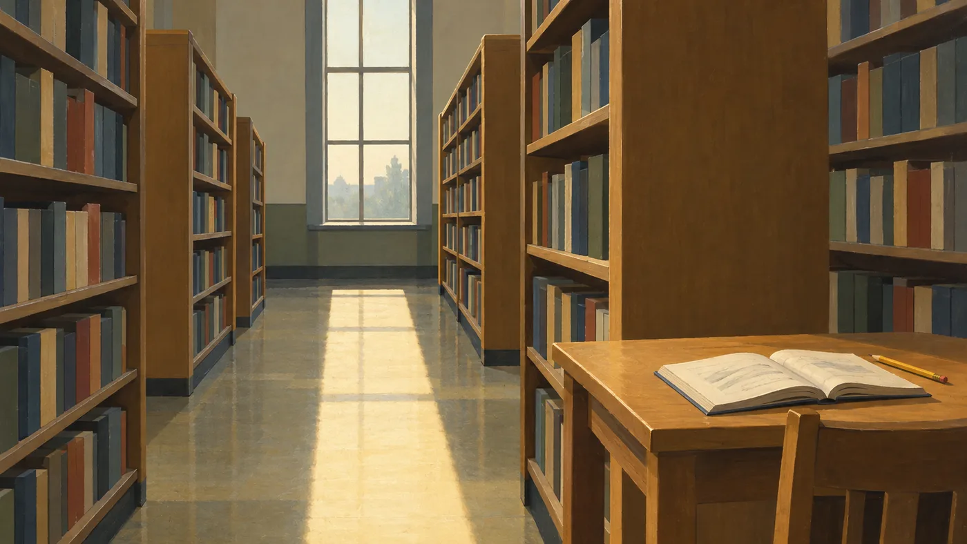 Painting in the manner of Edward Hopper of an aisle between old wooden library shelves in late afternoon, a tall window at the far end laying a long bar of sunlight down the floor, and in the foreground a small reading table with one open, pencil-annotated book and a yellow pencil