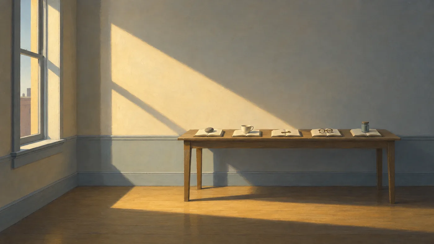 Painting in the manner of Edward Hopper of a bare upstairs room at dusk: a long worn wooden table holds six mismatched open books, each held down by a different small object (a stone, reading glasses, a chipped teacup, a brass key, a spoon, a small jar), while a window throws a bar of low amber light across the floorboards