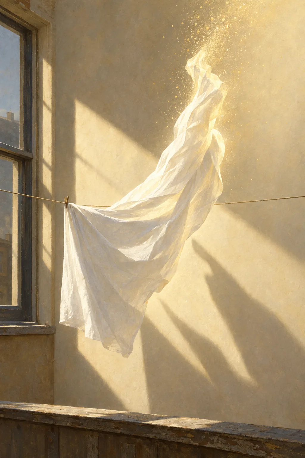 A length of white linen, freshly washed, lifted by a breath of air in a shaft of morning light and dissolving upward into golden dust