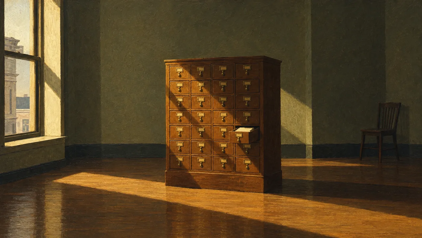 Painting in the style of Edward Hopper of an oak card-catalog cabinet in a bare, sunlit room, one drawer pulled open