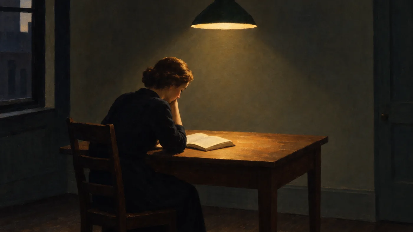 Painting in the manner of Edward Hopper: A solitary figure reading beneath a single hanging lamp in an otherwise dim, spare room.