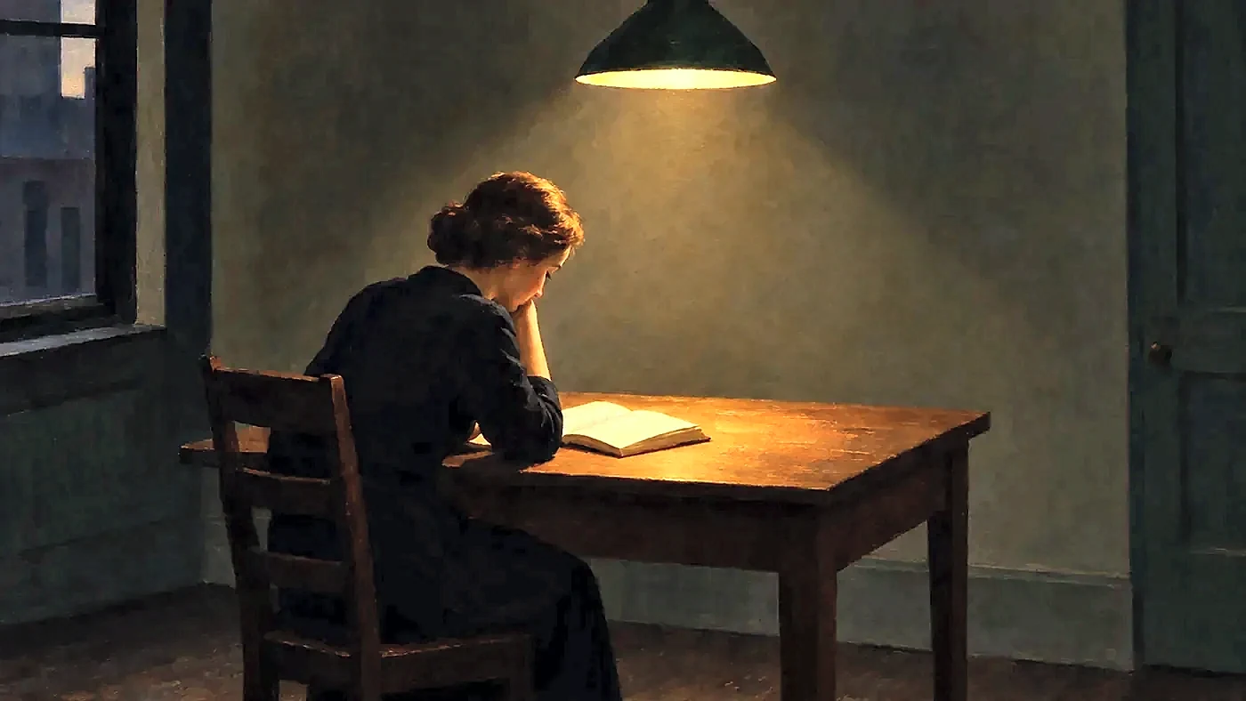 Painting in the manner of Edward Hopper: A solitary figure reading beneath a single hanging lamp in an otherwise dim, spare room.