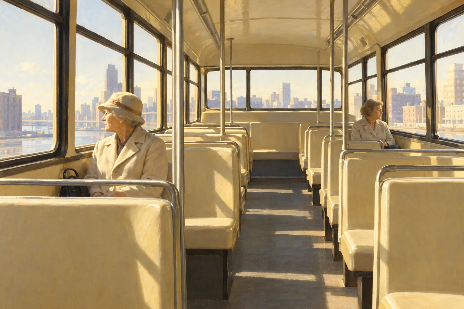 Painting in the style of Edward Hopper of a nearly empty city bus in bright morning light, with two elderly women seated apart and sunlight filling the interior