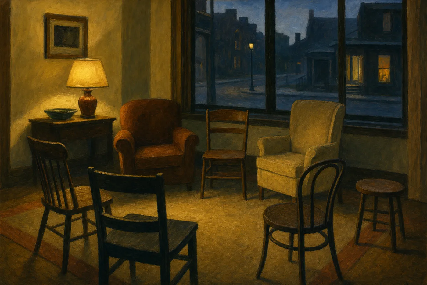 Painting in the manner of Edward Hopper: A circle of empty chairs in a warm lamplit living room at dusk.