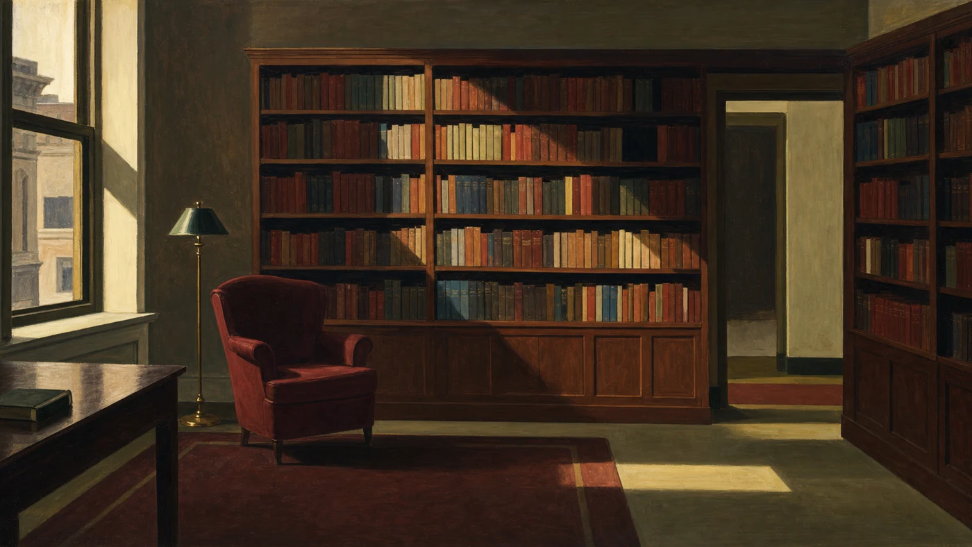 Painting in the style of Edward Hopper of a table with stacked books and papers beside a bookshelf