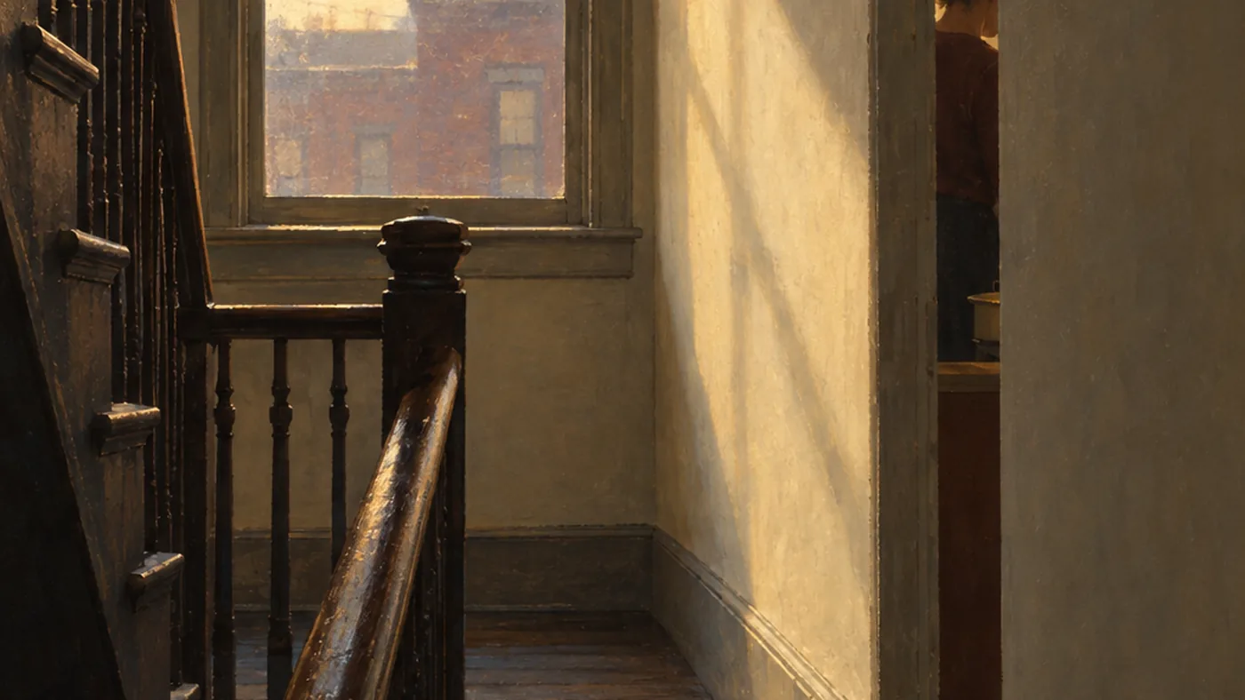Painting in the manner of Edward Hopper: The stairwell landing inside a Boston triple-decker, with a neighbor half-seen through a thin partition wall.