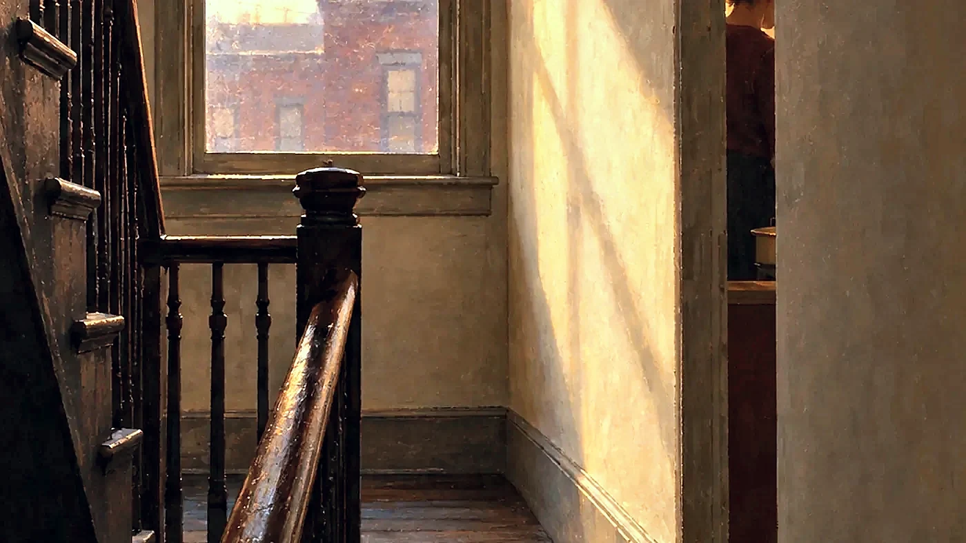 Painting in the style of Edward Hopper of the stairwell landing inside a Boston triple-decker with a neighbor half-seen through a thin partition wall
