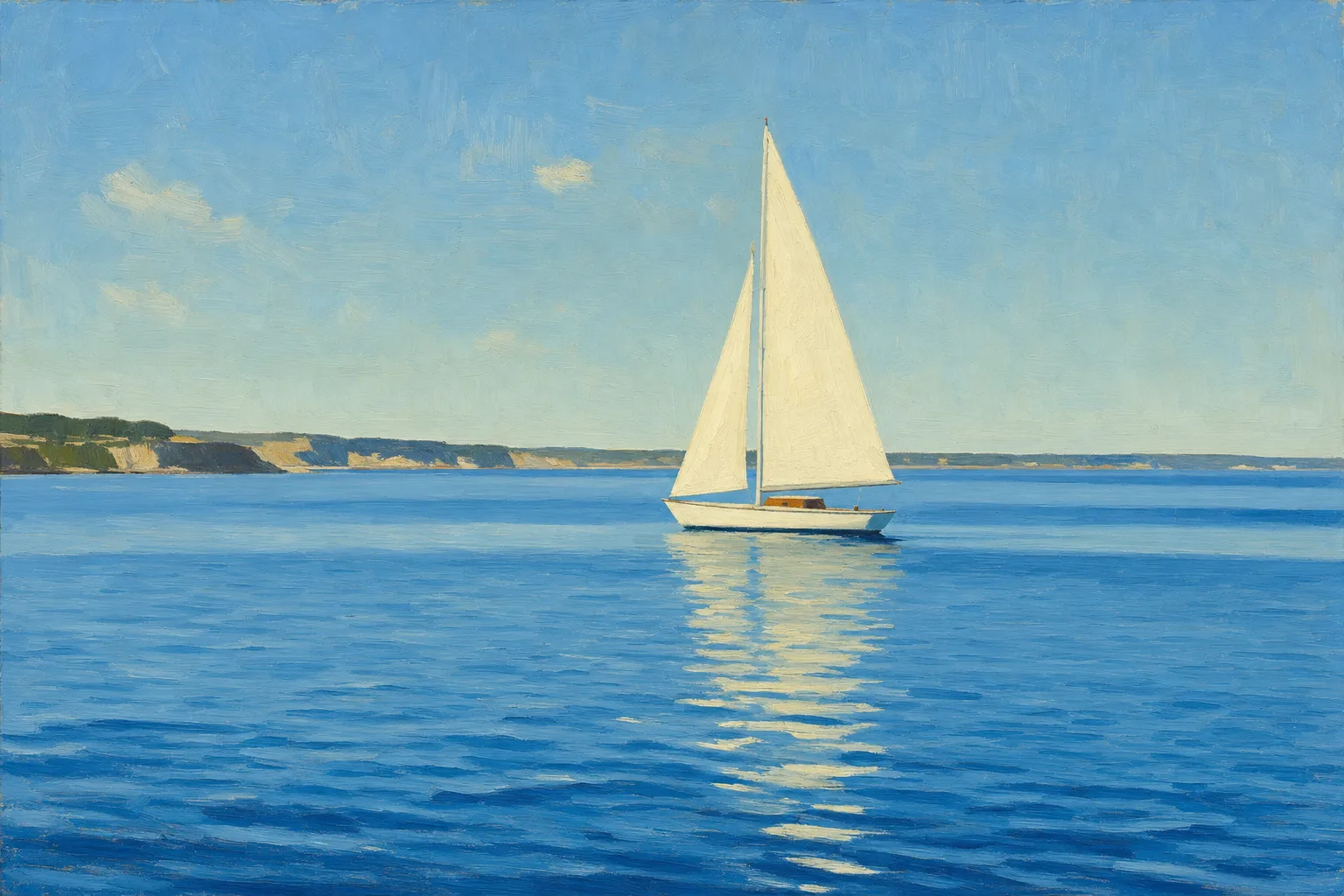 Painting in the manner of Edward Hopper: A small white sailboat on calm sunlit water under a clear sky.