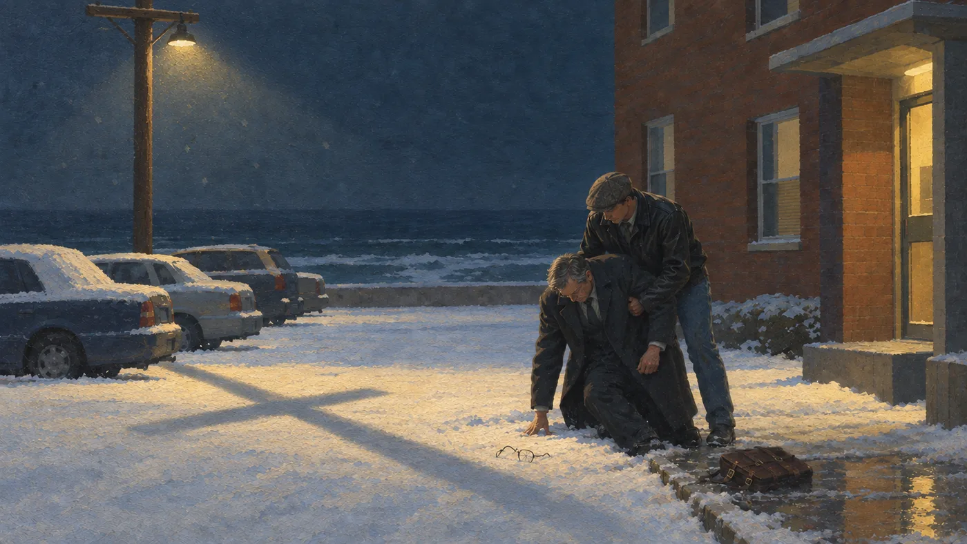 Painting in the style of Edward Hopper of a snowy parking lot at night before a brick apartment building by the sea: a young man in a black leather jacket and flat cap lifts a gray-haired man who has fallen at the curb, his cracked glasses in the snow, while a lamppost&rsquo;s shadow falls across the snow in the shape of a cross