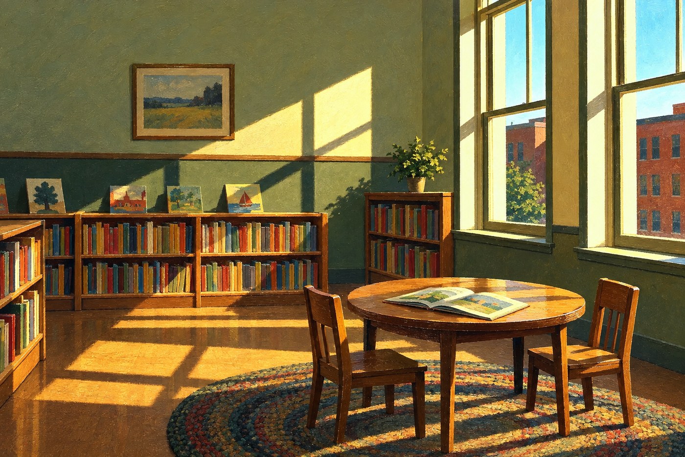 Painting in the manner of Edward Hopper: the empty children’s room of an old library in early morning, low shelves of picture books, a small round table with an open picture book and two child-sized chairs, and long bars of sunlight across the floor