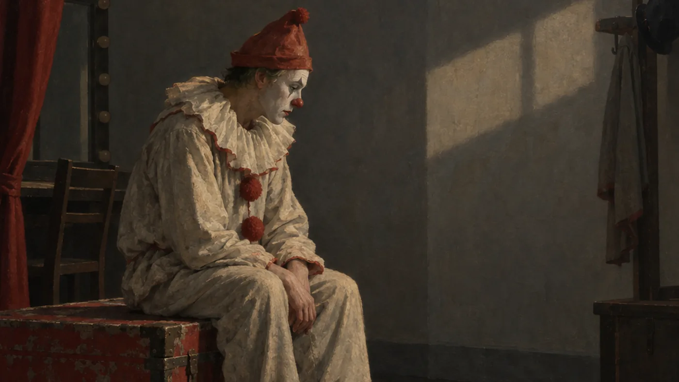 Painting in the manner of Edward Hopper: A forlorn clown seated on a painted trunk in a bare backstage room.