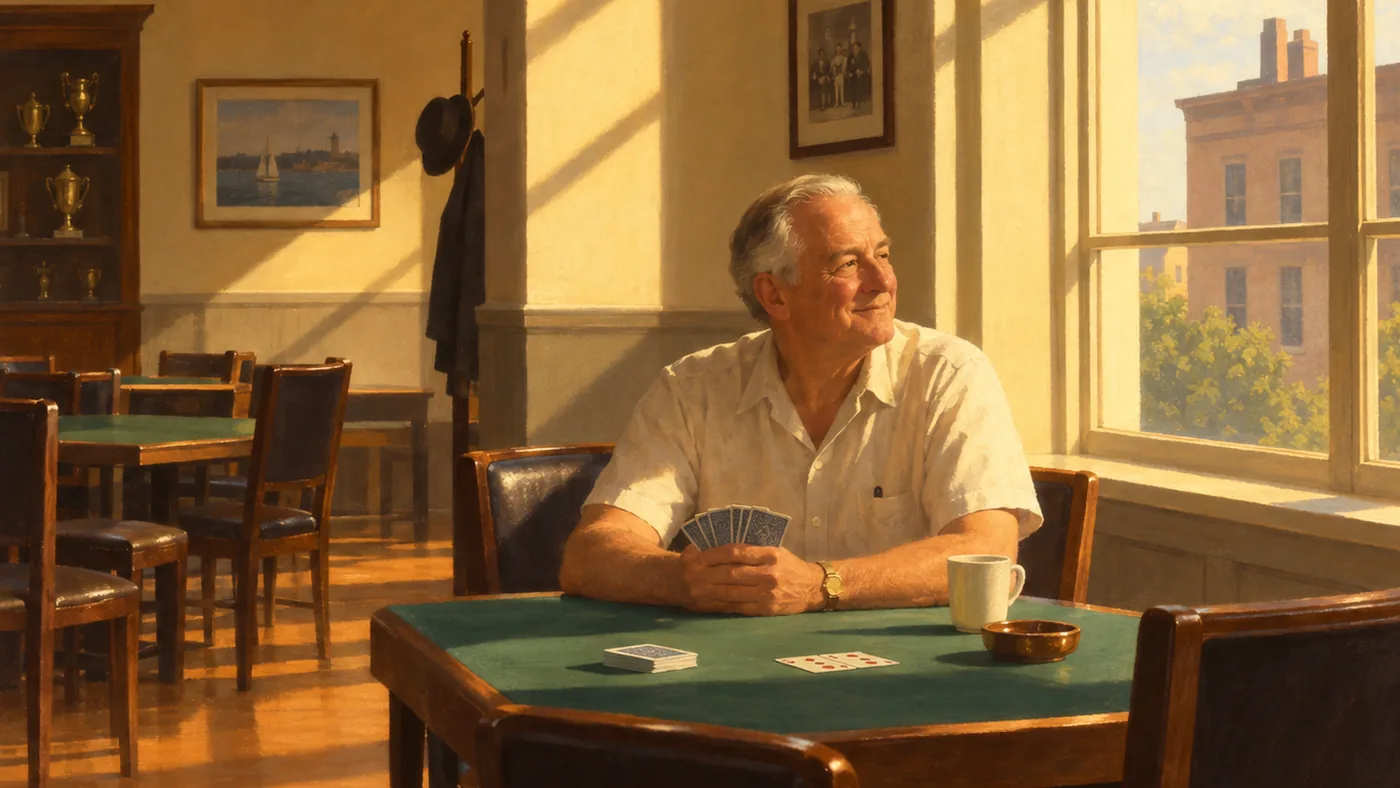 Painting in the manner of Edward Hopper: A social club back room with a genial older man at a card table, warm lamplight against shadow.
