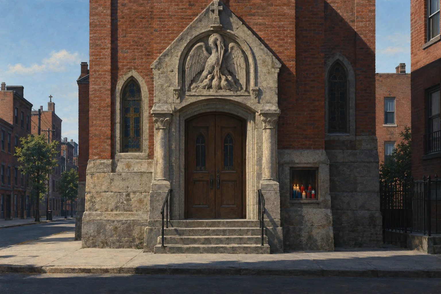 Painting in the style of Edward Hopper of a weathered stone pelican emblem above the door of a modest working-class Catholic parish church