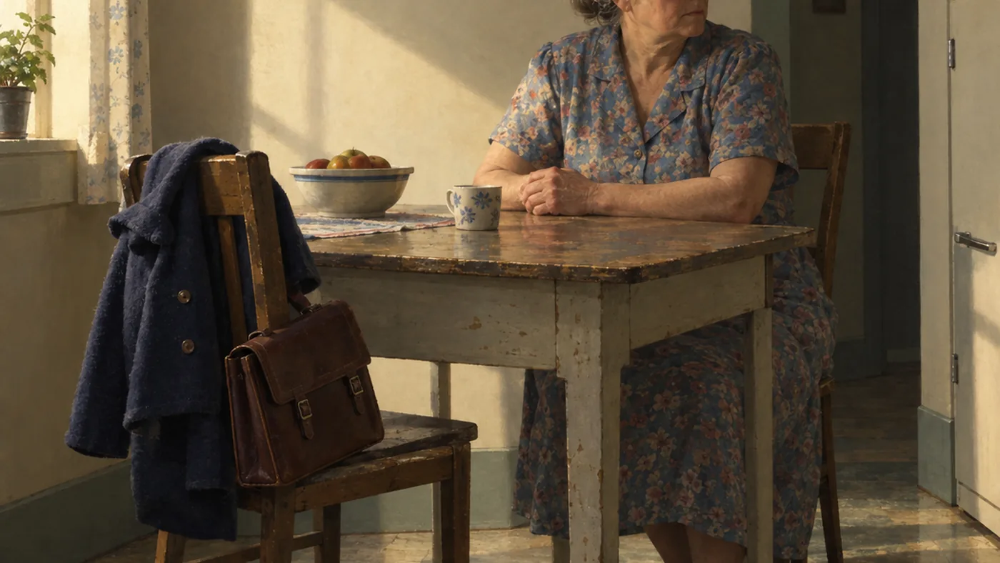 Painting in the manner of Edward Hopper: An elderly woman at a kitchen table, a child's coat and school satchel on the chair beside her.