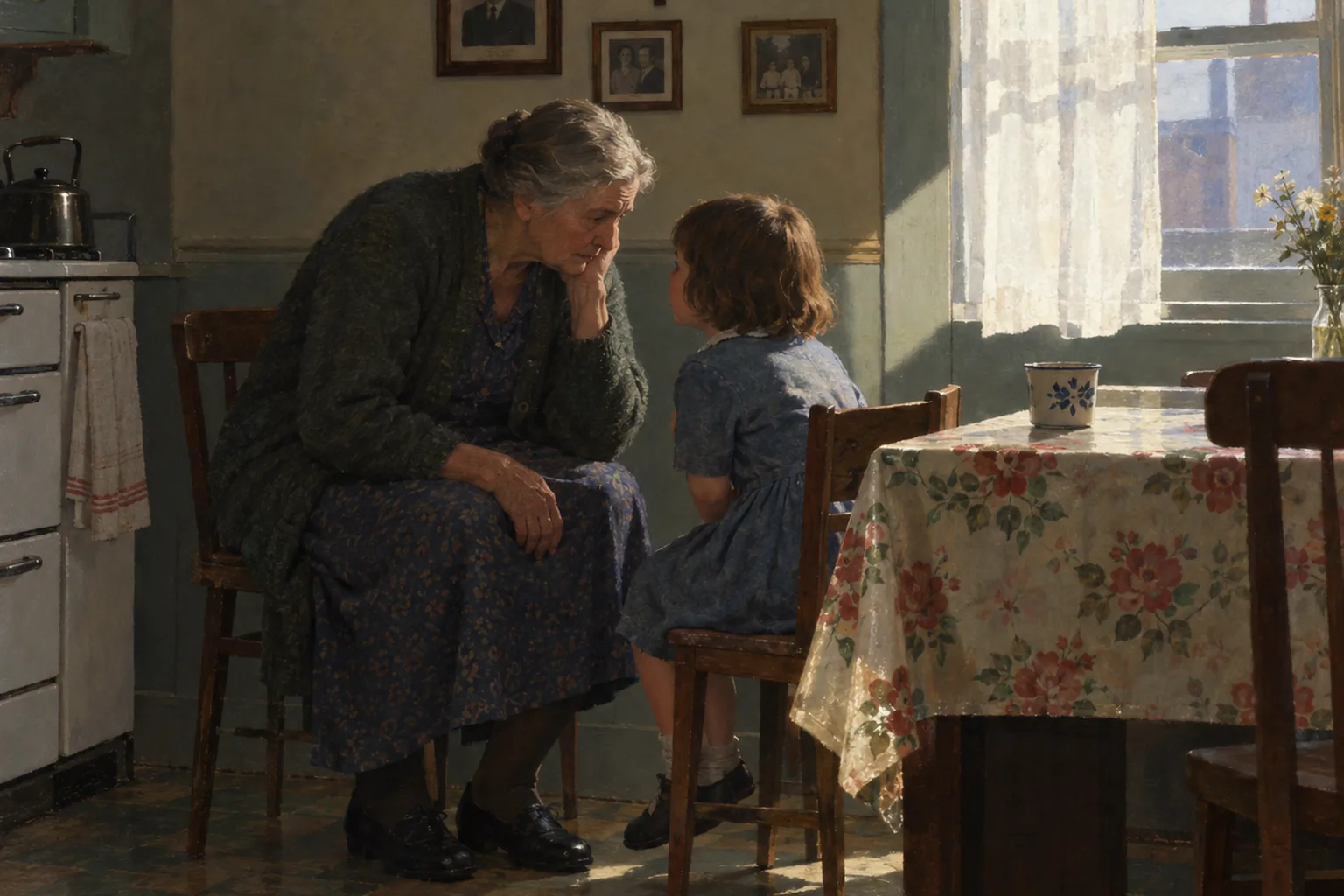 Painting in the manner of Edward Hopper: A weathered Irish grandmother in a cardigan leaning to listen to a small child in a modest working-class kitchen.
