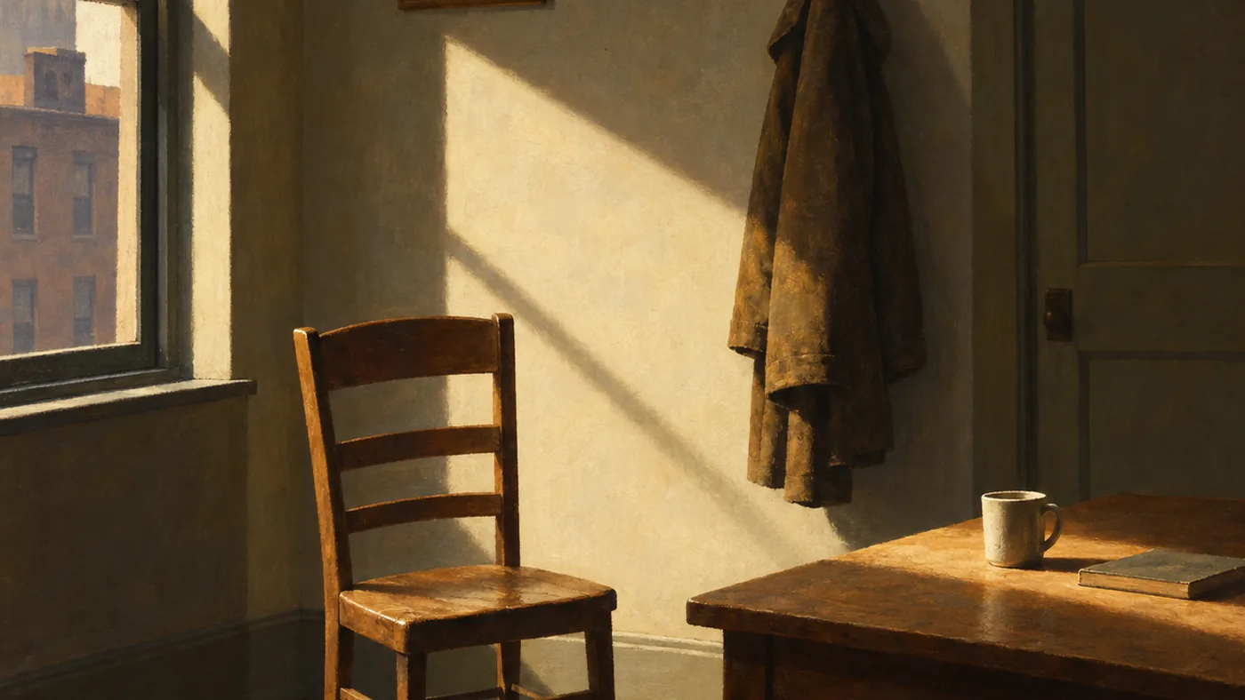 Painting in the manner of Edward Hopper: A strong shaft of pale light falling across ordinary things in a modest room, making them luminous but unchanged.