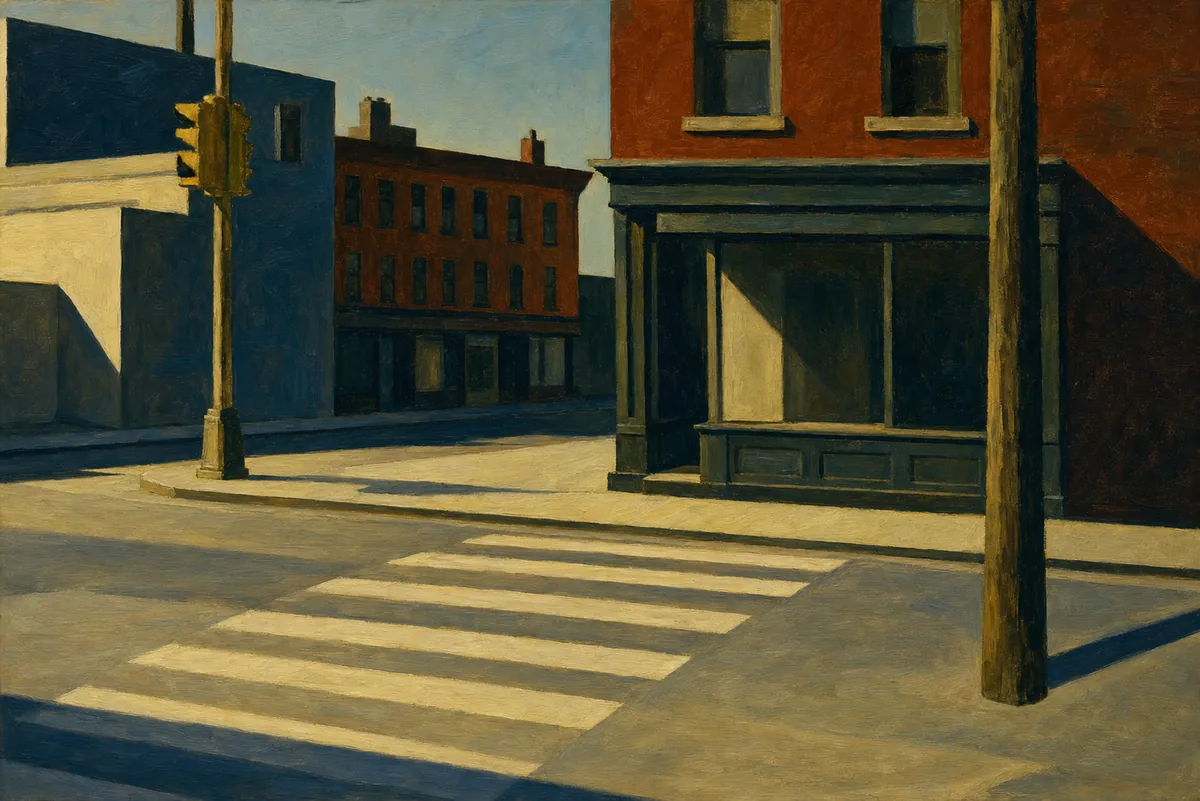 Painting in the manner of Edward Hopper: An empty city street corner with a painted crosswalk and long raking shadows.