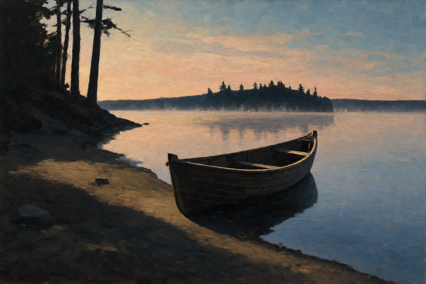 Painting in the manner of Edward Hopper: A wooden rowboat resting on a still riverbank at dawn.