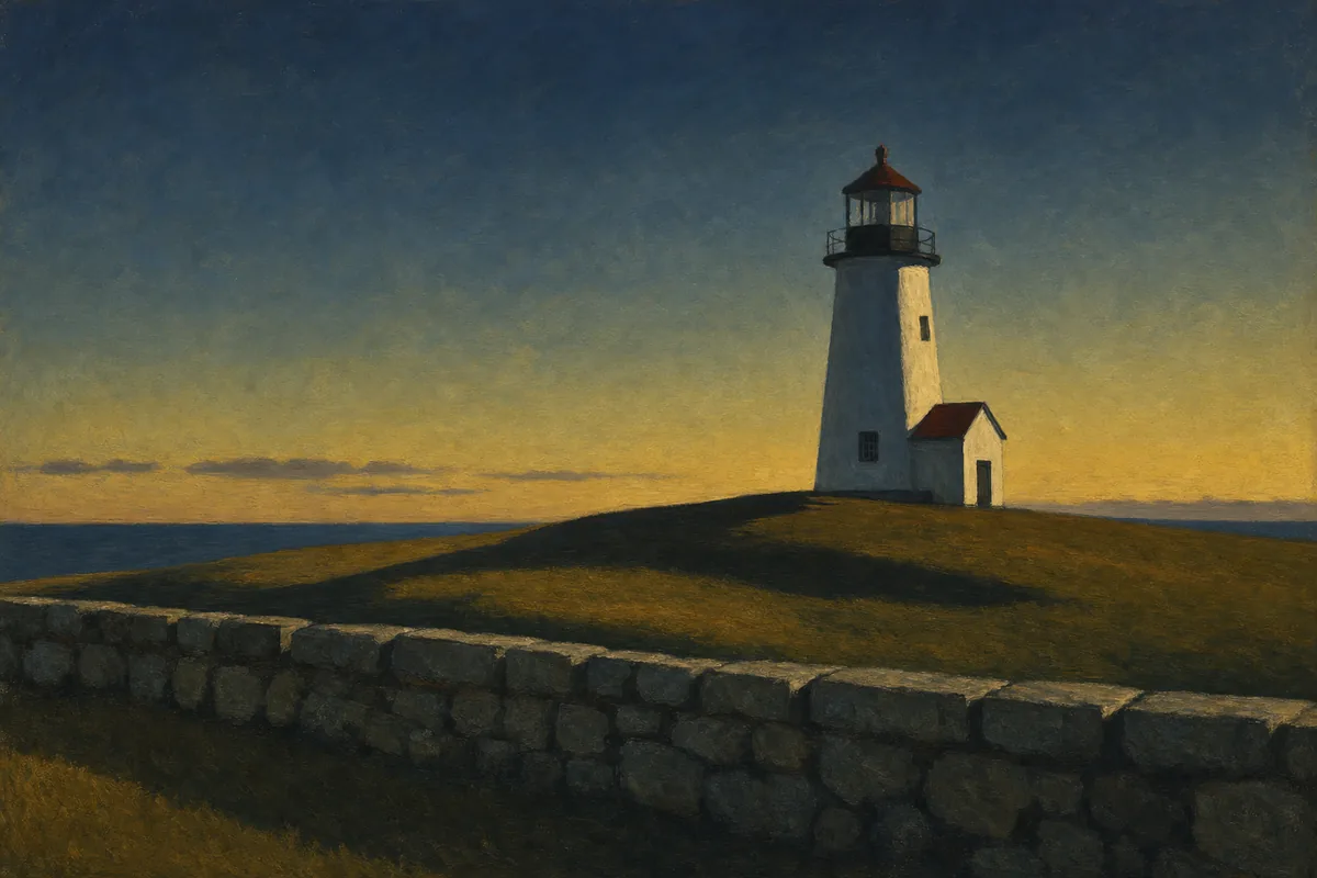 Painting in the style of Edward Hopper of a white lighthouse on a headland at dusk