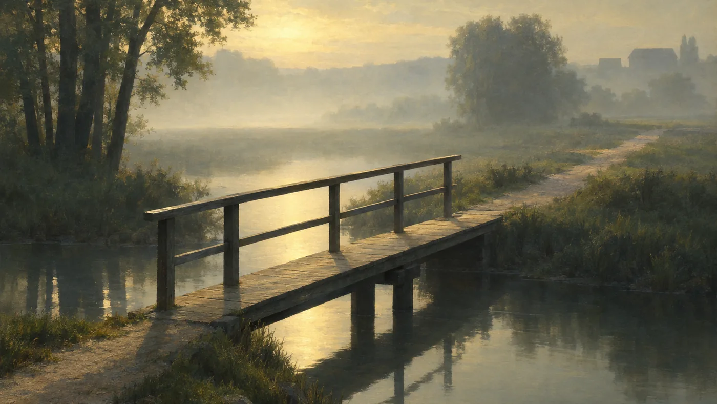 Painting in the manner of Edward Hopper: A narrow wooden footbridge with a handrail crossing a still stream in pale morning mist.