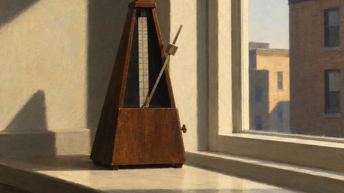 Painting in the manner of Edward Hopper: An antique wooden metronome on a windowsill, its pendulum caught mid-swing in pale morning light.