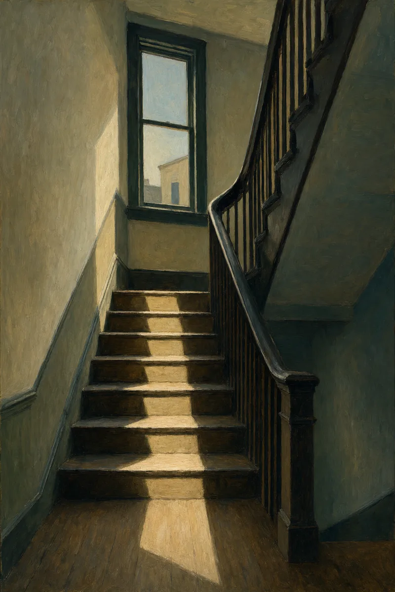 Painting in the manner of Edward Hopper: A narrow stairwell with a bright window of light on the landing.