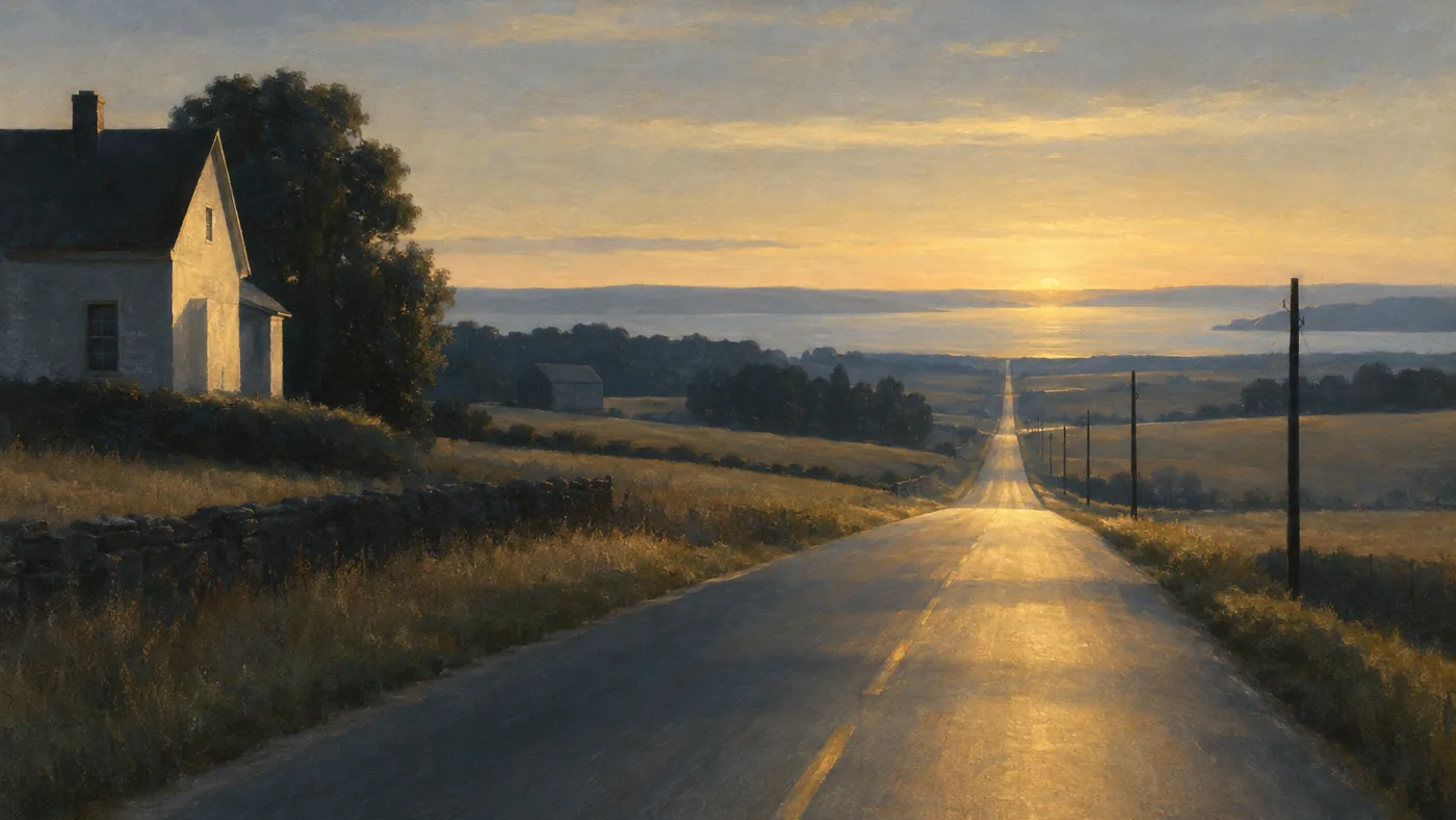Painting in the manner of Edward Hopper: An empty country road receding toward a distant horizon at dawn, pale gold light low across the lane.