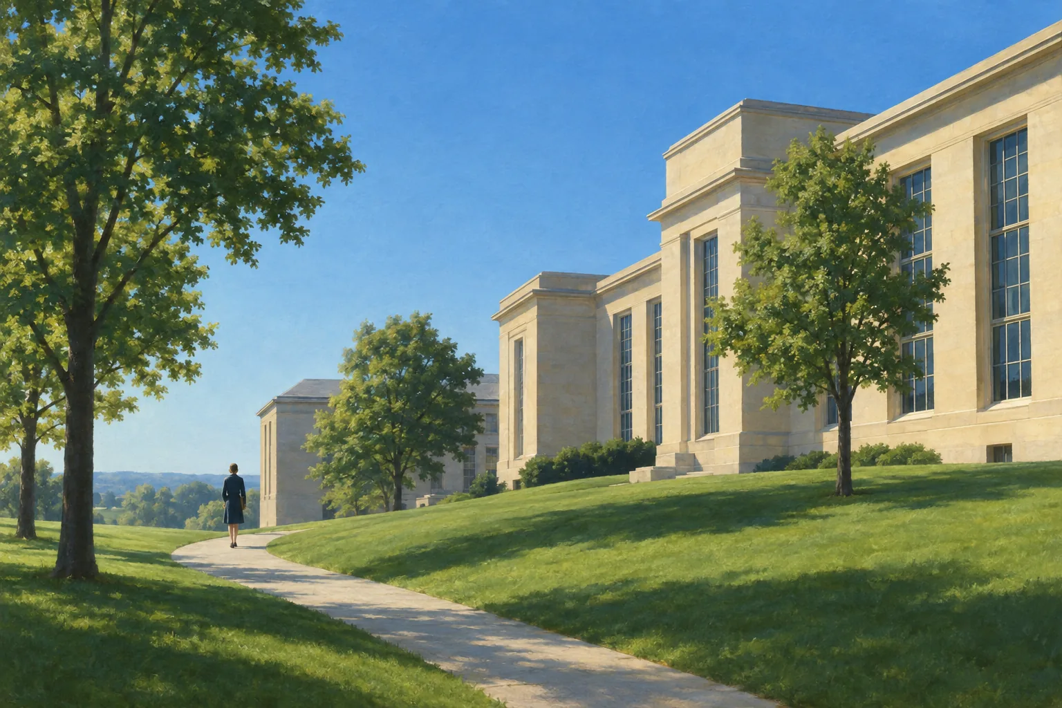 Painting in the style of Edward Hopper of a pale sandstone institutional building on a sloping green lawn under a clear blue morning sky, with a winding path