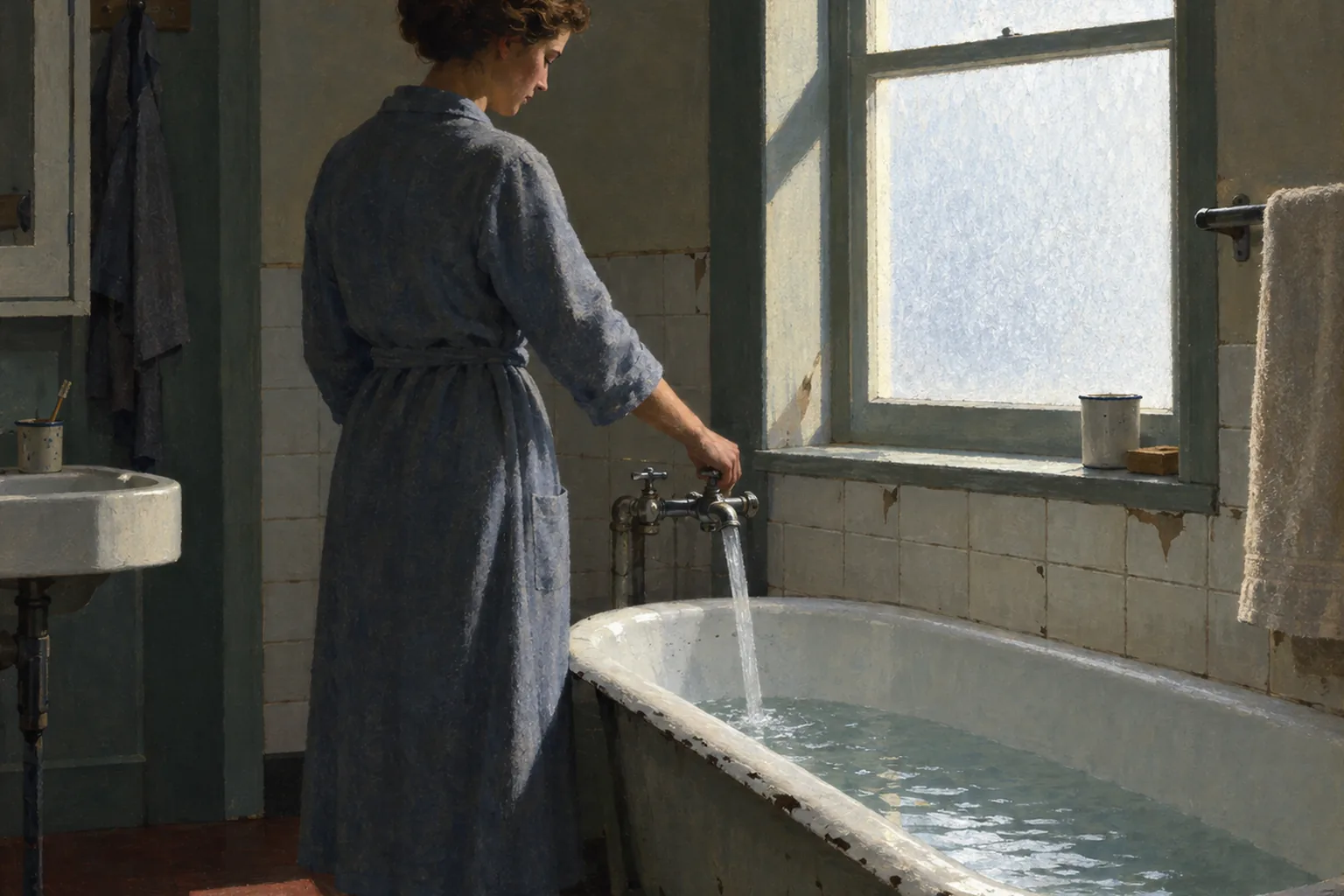 Painting in the manner of Edward Hopper: A woman in a housecoat drawing water into a worn enamel bathtub in a modest working-class bathroom.