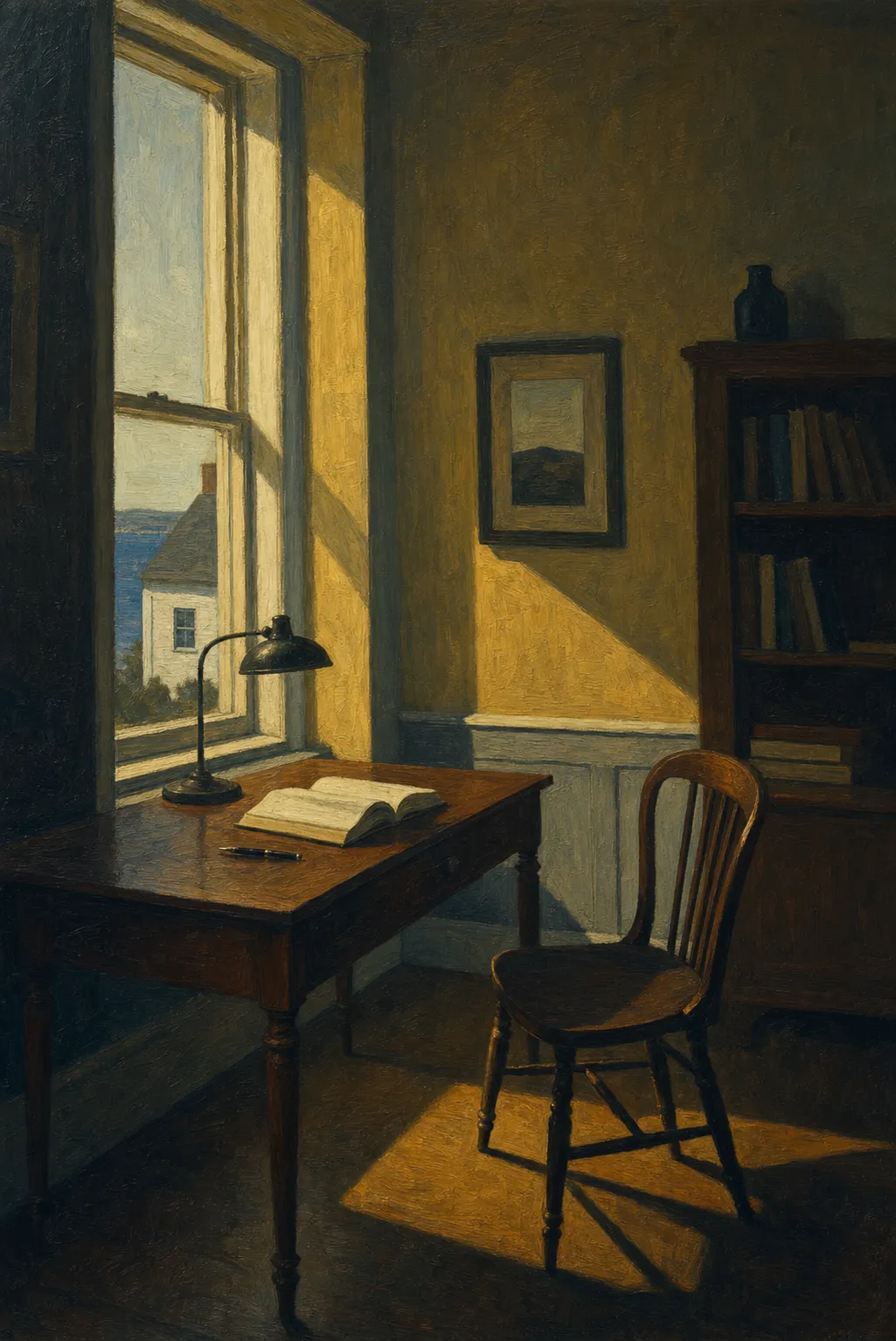 Painting in the manner of Edward Hopper: A sunlit writing desk beside a tall window overlooking a coastal house.
