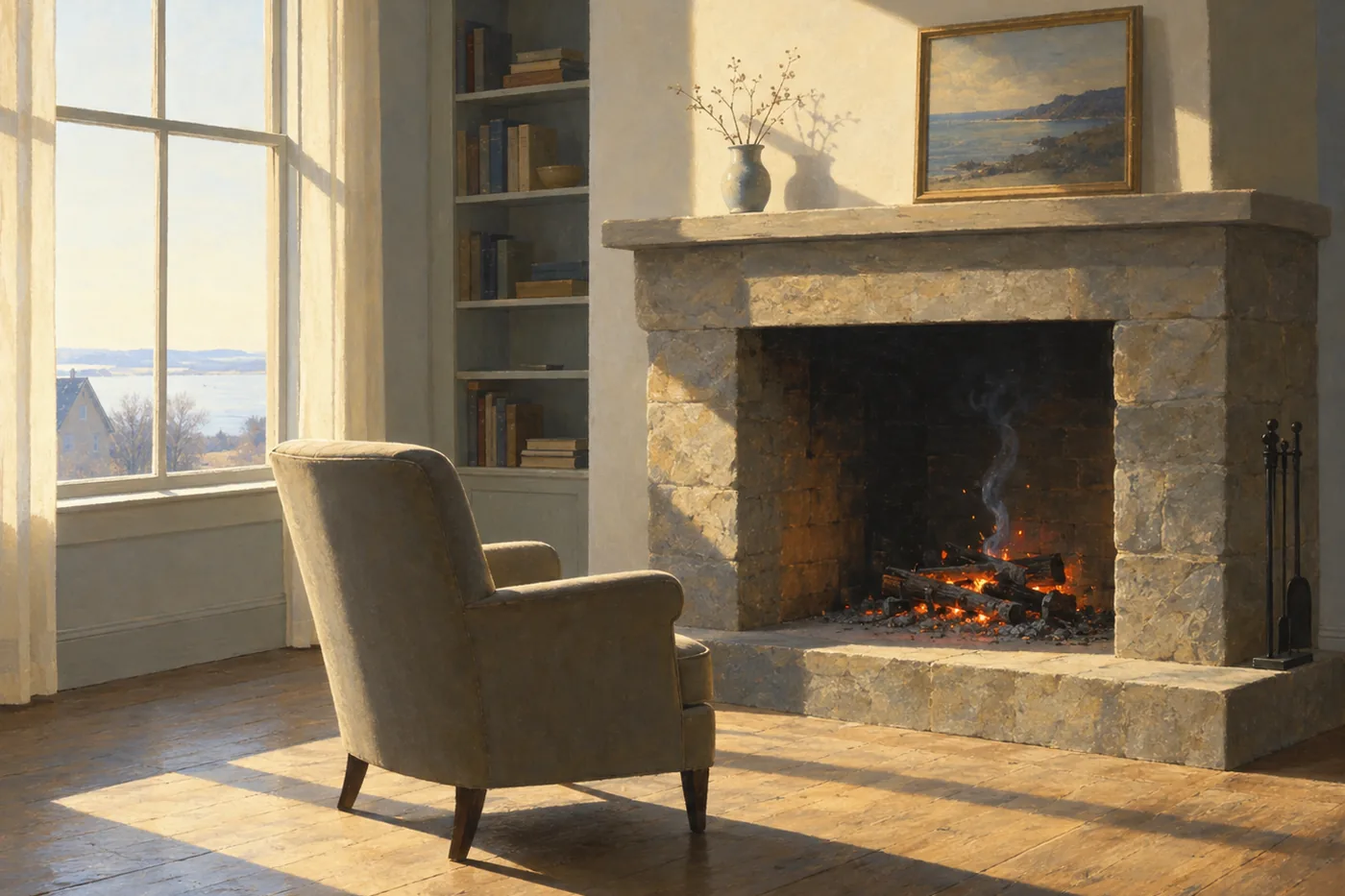 Painting in the style of Edward Hopper of a quiet room in morning light, a stone fireplace holding a low fire of glowing embers beneath a tall bright window