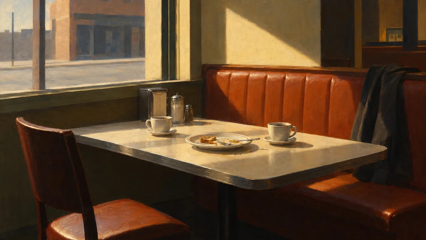 Painting in the manner of Edward Hopper: A diner booth with two coffee cups and one chair pulled sharply back in morning light.