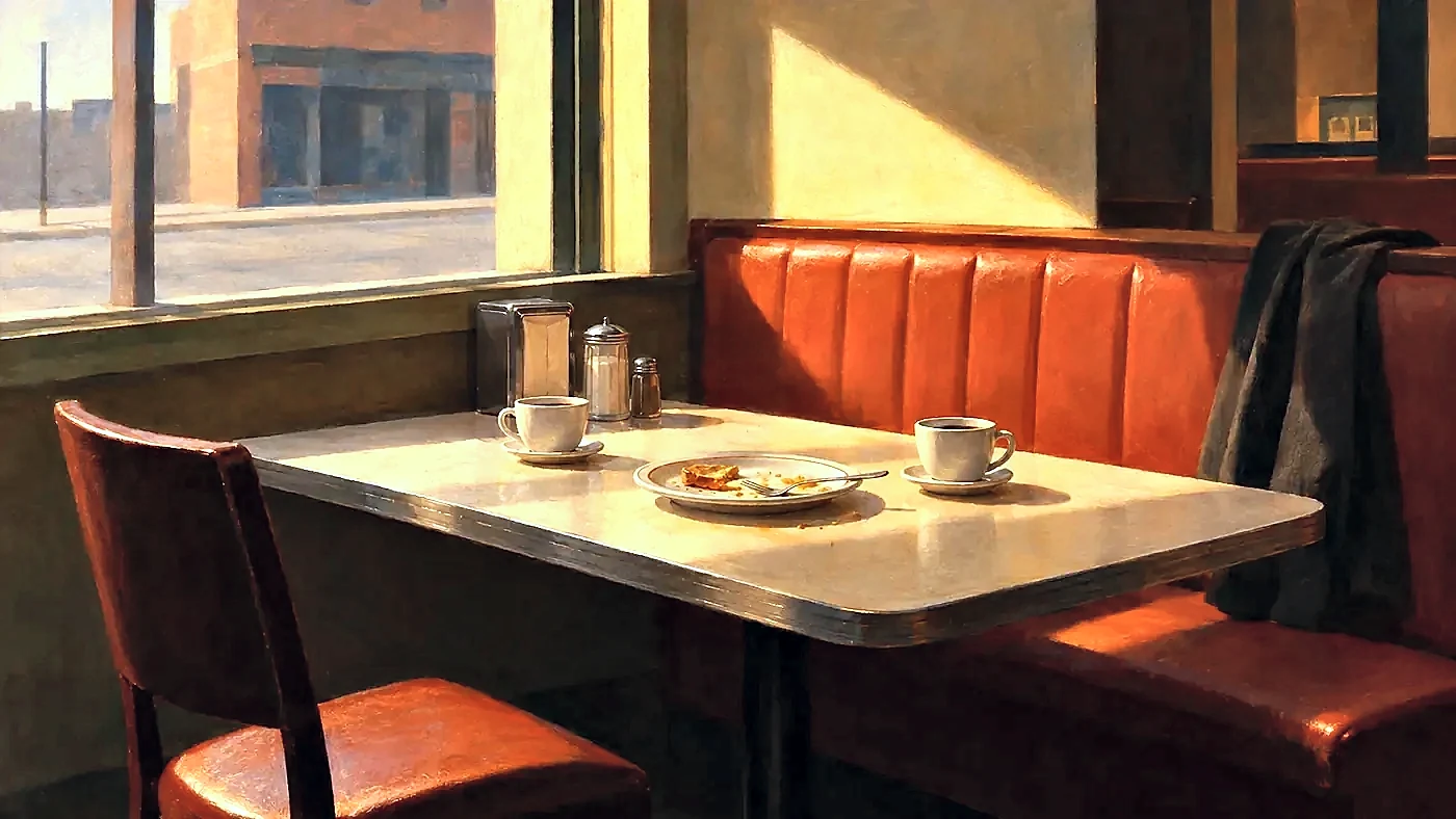 Painting in the style of Edward Hopper of a diner booth with two coffee cups and one chair pulled sharply back in morning light