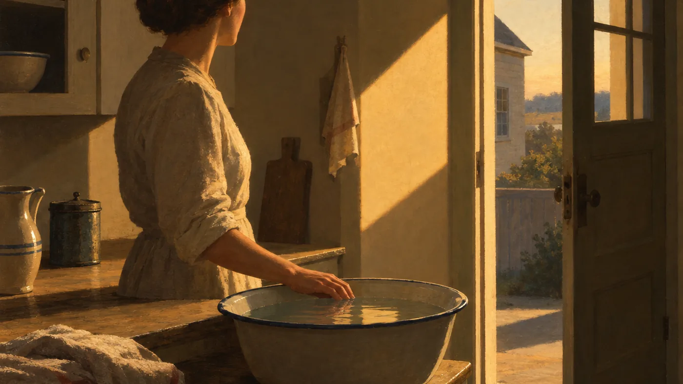 Painting in the manner of Edward Hopper: A warm slant of late-afternoon light across a modest kitchen, a hand resting on a basin of water near an open doorway.