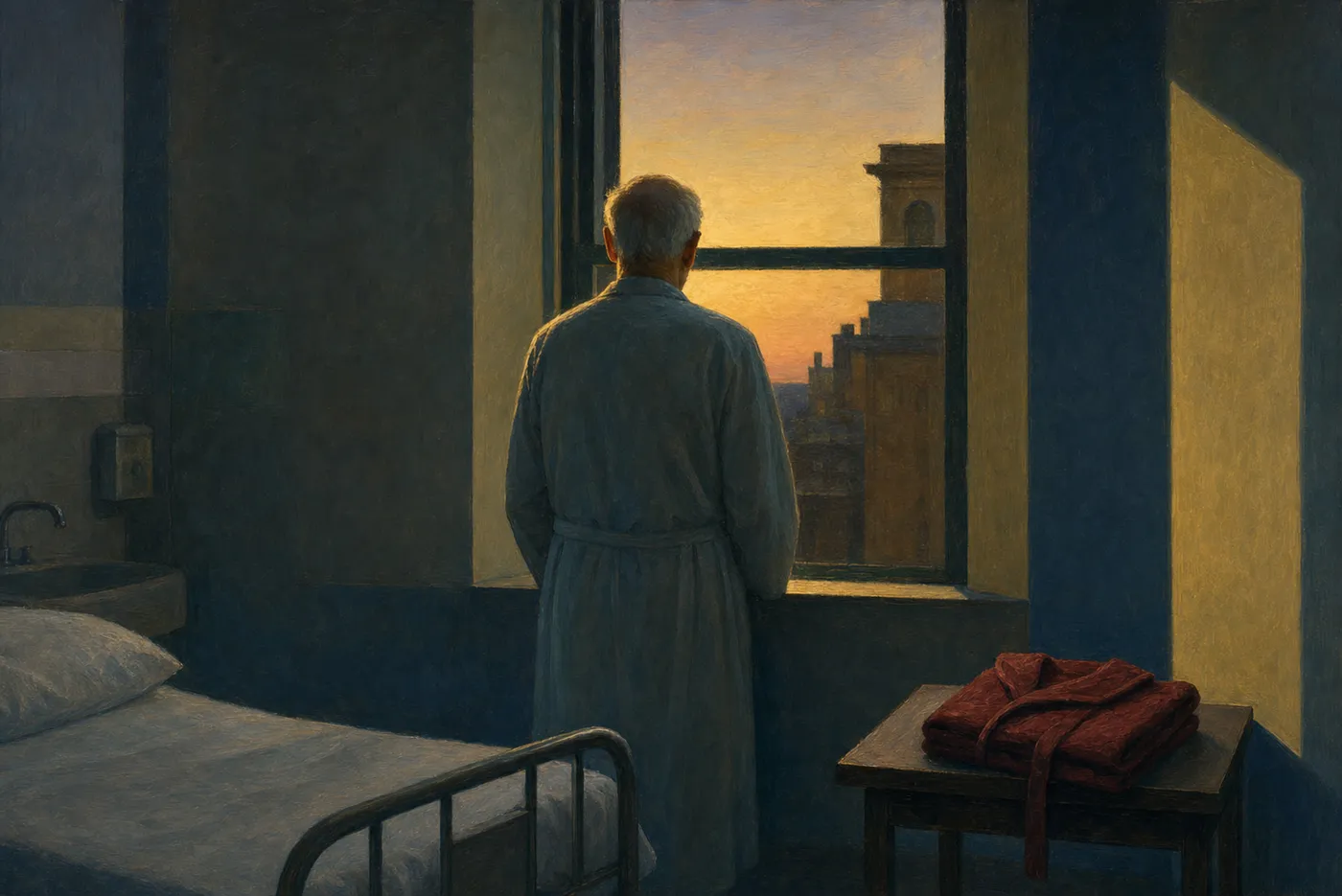 Painting in the manner of Edward Hopper: A man in a robe standing at a hospital window at dusk, with a folded robe on a table nearby.