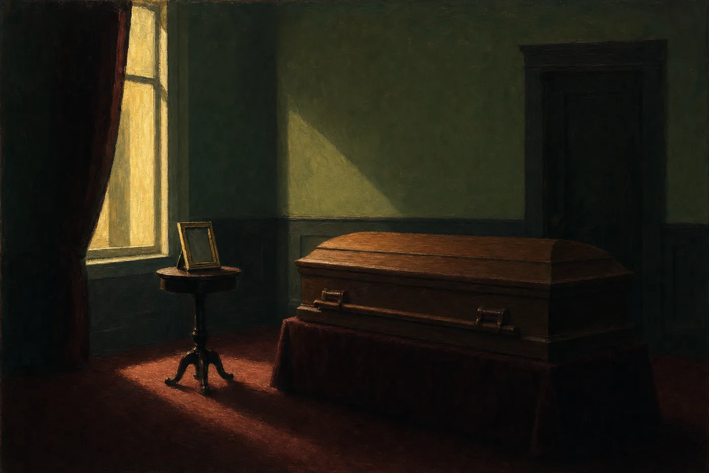 Painting in the manner of Edward Hopper: A framed photograph on a small table beside a casket in a quiet room.