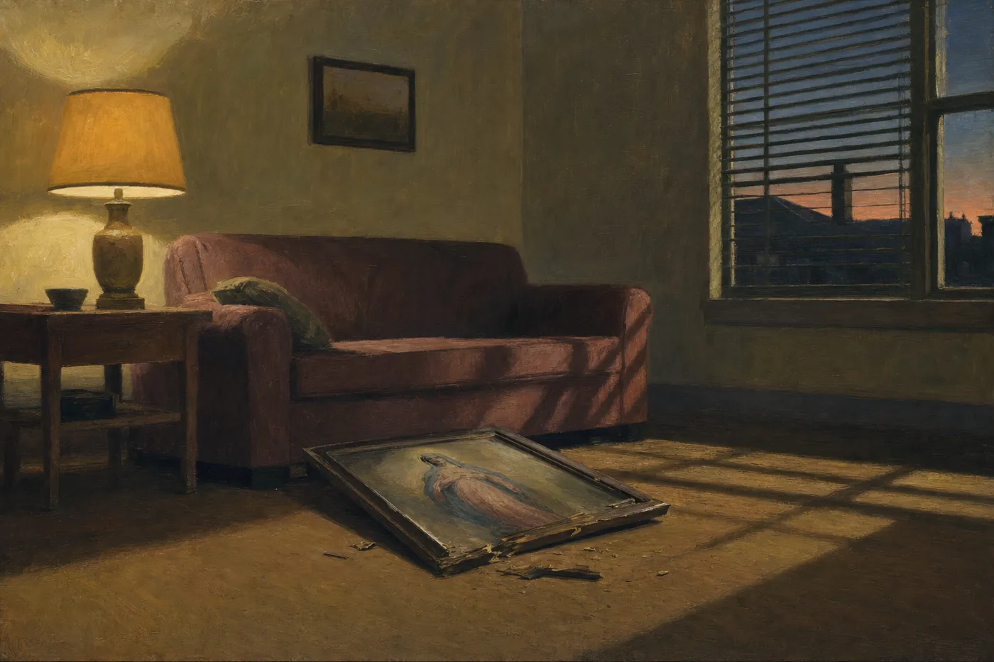 Painting in the manner of Edward Hopper: A devotional print fallen on the floor of a dim living room.