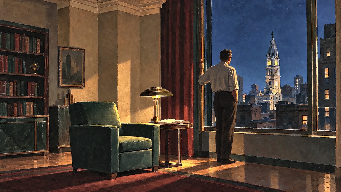 Painting in the style of Edward Hopper of a lamplit Art Deco study at night, an empty armchair and open book, and a man standing alone at a tall window looking out to the lit clock tower of Philadelphia City Hall