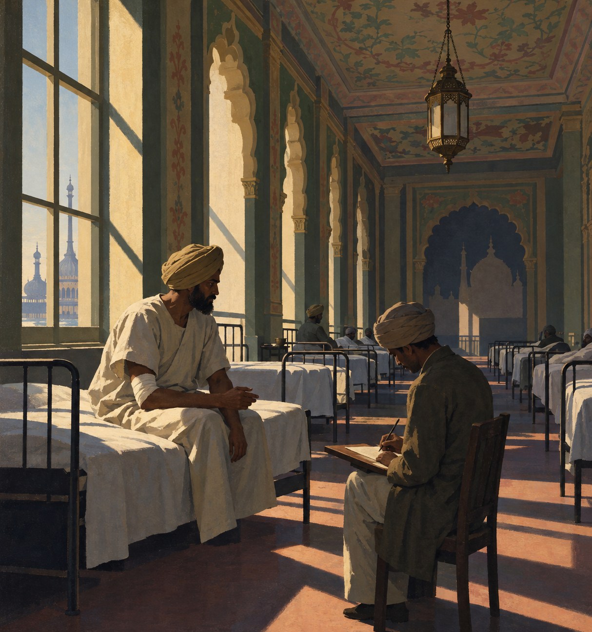 Painting in the manner of Edward Hopper: a wounded Sikh soldier in a hospital gown sits on an iron bed in a sunlit ward of the Royal Pavilion, Brighton, dictating a letter to an Indian scribe who writes on a board, with long bars of afternoon light across the floor
