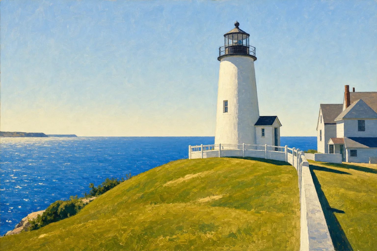 Painting in the manner of Edward Hopper: A white lighthouse on a sunny headland under a clear blue sky.