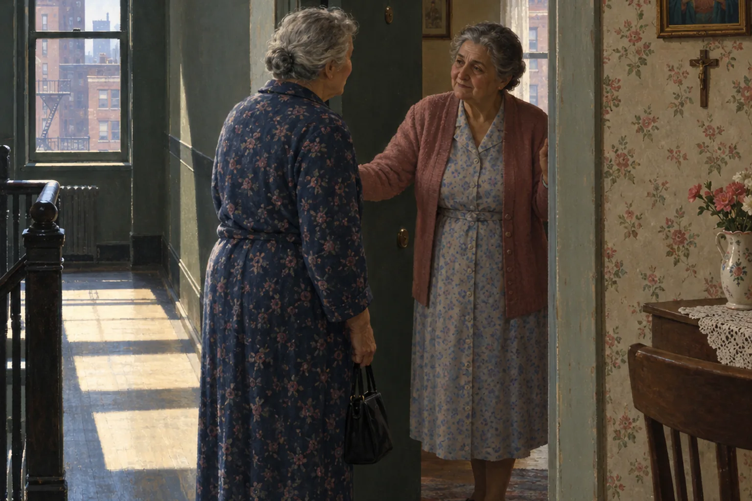 Painting in the manner of Edward Hopper: Two elderly Italian-American women in housecoats meeting at the doorway of a modest tenement apartment.
