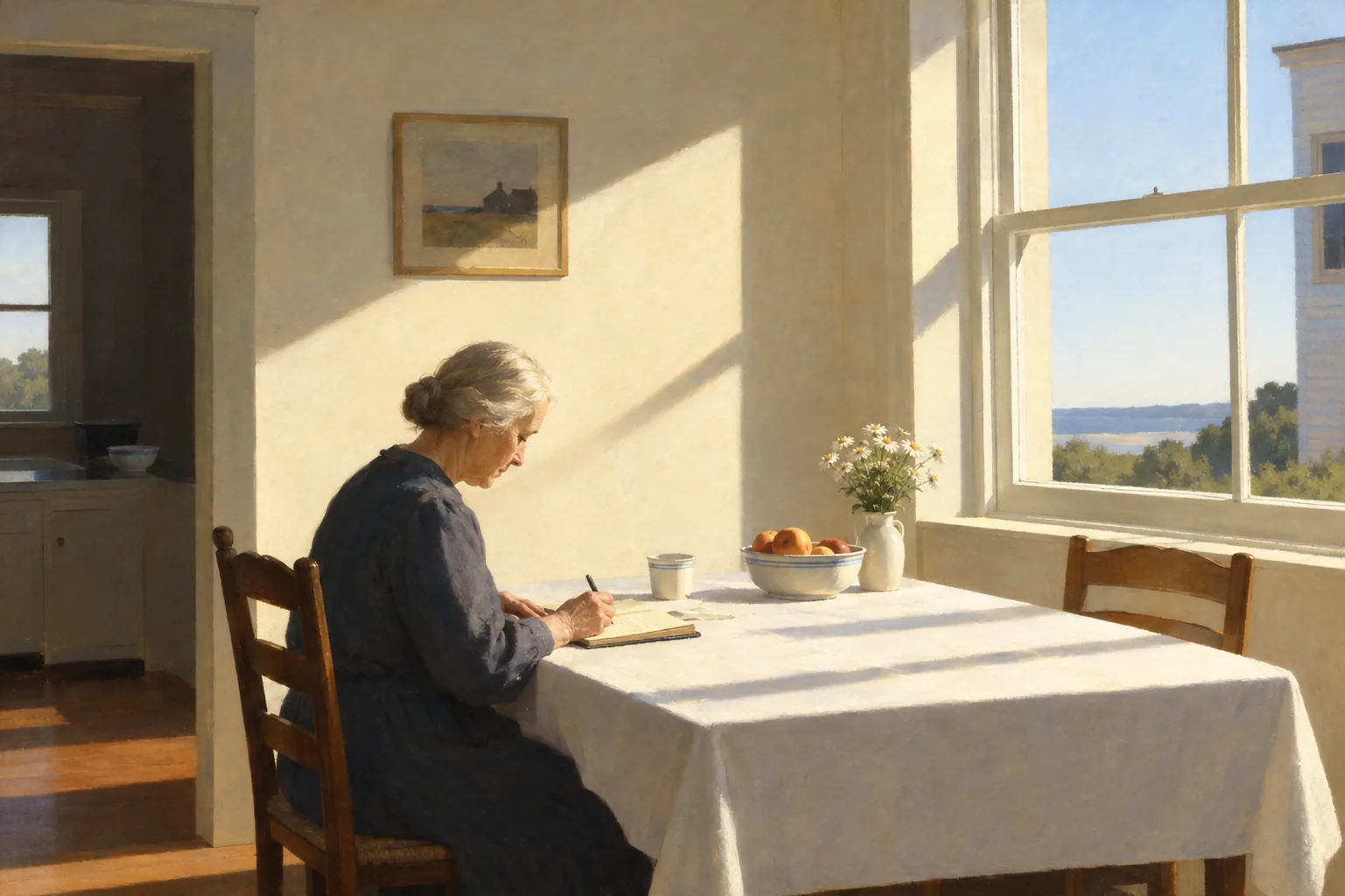 Painting in the style of Edward Hopper of an elderly woman writing in a ledger at a kitchen table in bright midday light, sunlight flooding through a large window