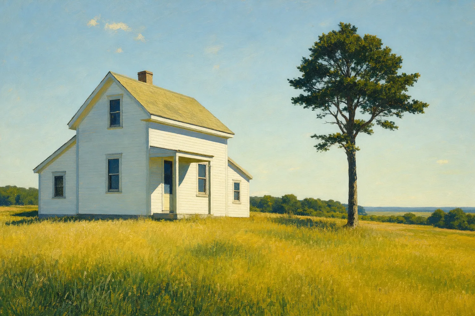 Painting in the manner of Edward Hopper: A white clapboard house and a lone tree in a sunlit meadow.