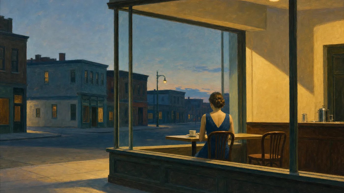 Painting in the manner of Edward Hopper: A lone woman seated by the window of a dim cafe at night, warm light spilling onto an empty sidewalk.