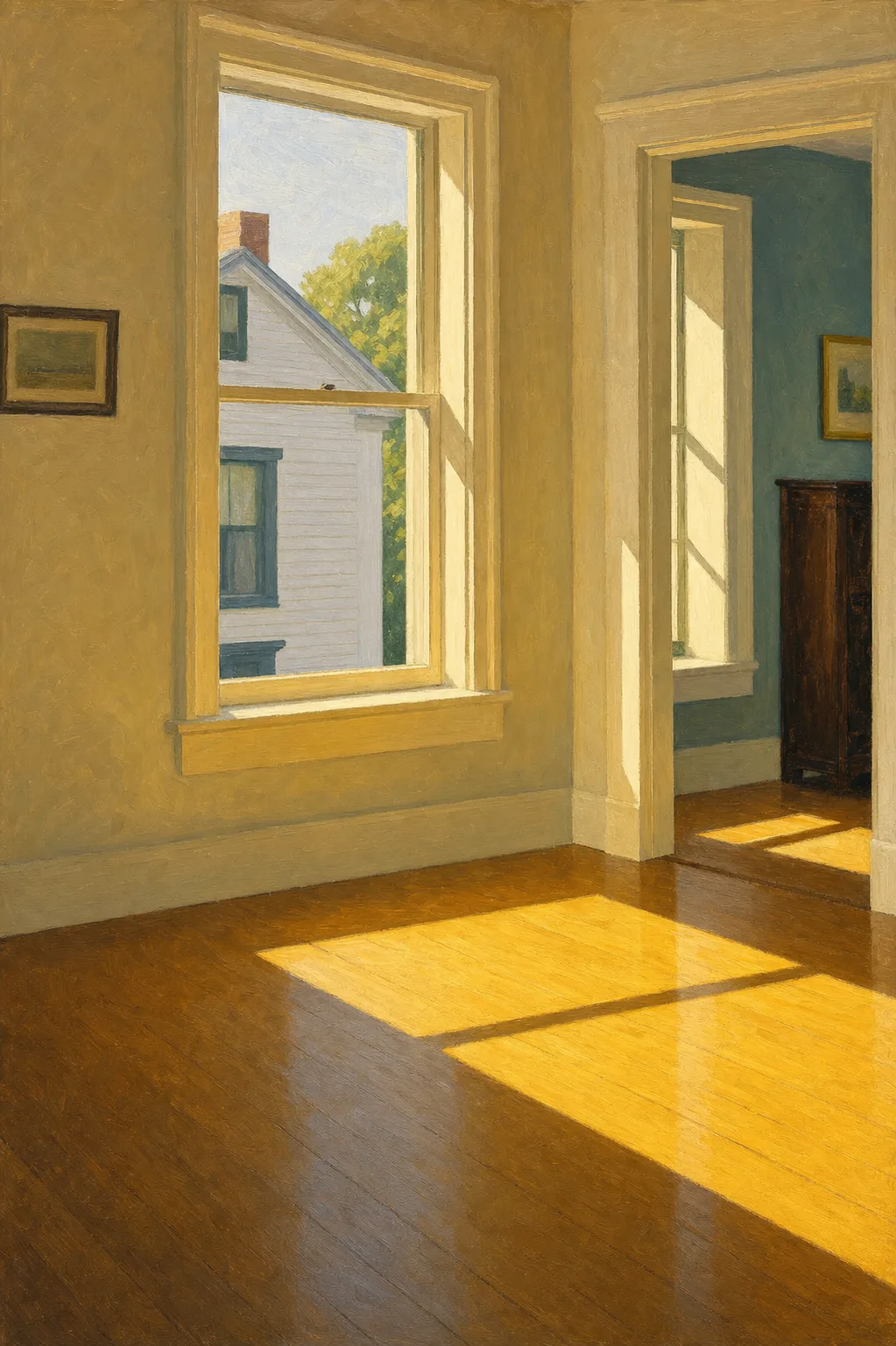 Painting in the manner of Edward Hopper: Bright morning light streaming through a tall window across a bare wooden floor.