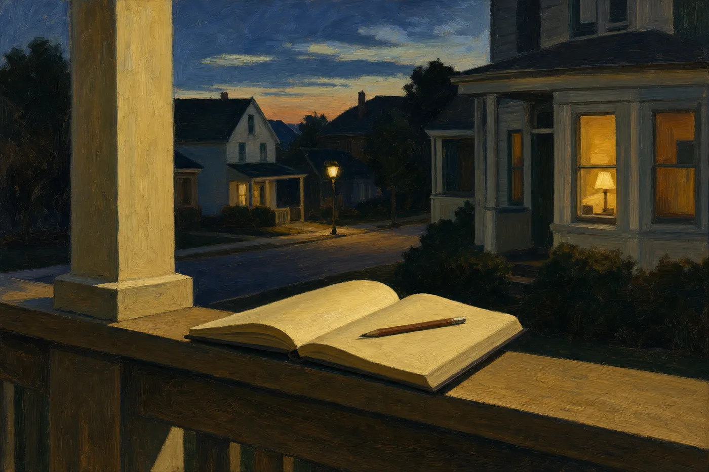 Painting in the style of Edward Hopper of an open notebook and pencil resting on a porch railing at dusk